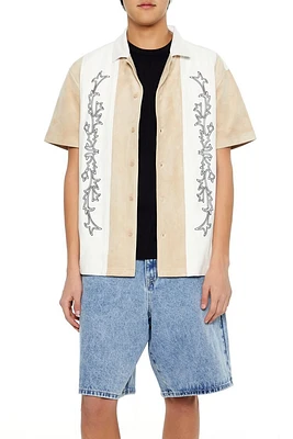 Embroidered Faux Suede Colorblock Shirt