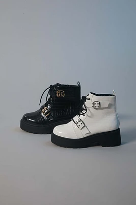 Faux Croc Leather Buckled Booties