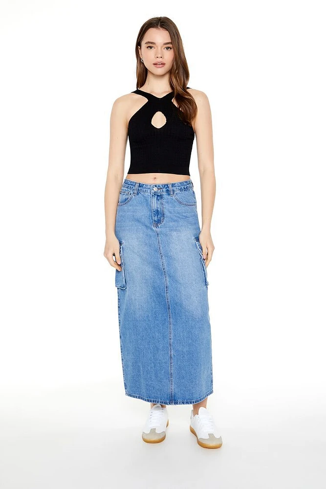 A-Line Cargo Denim Maxi Skirt