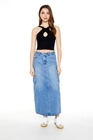 A-Line Cargo Denim Maxi Skirt