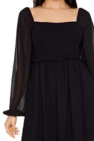 Chiffon Smocked Peasant-Sleeve Mini Dress