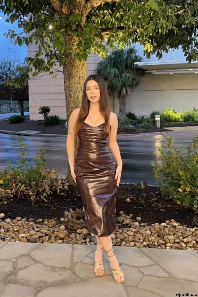 Faux Leather Slit Midi Dress