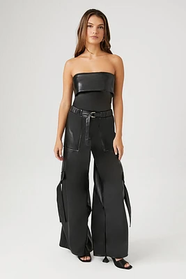 Faux Leather Wide-Leg Cargo Pants