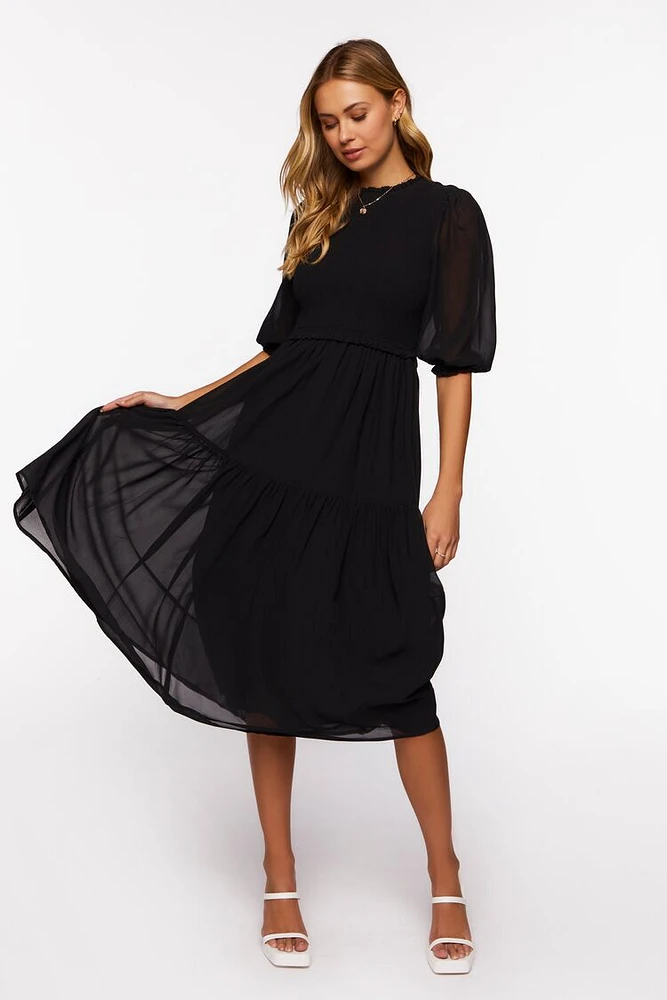 Smocked Chiffon Peasant-Sleeve Dress