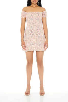 Smocked Ornate Print Mini Dress