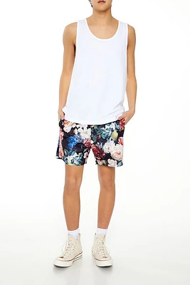 Floral Print Drawstring Swim Trunks