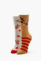 Reindeer Pom Pom Crew Socks - 2 pack