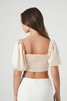 Satin Puff-Sleeve Crop Top