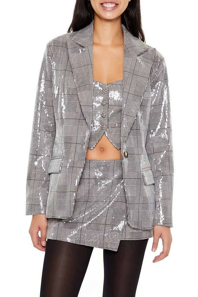 Sequin Plaid Notched Blazer