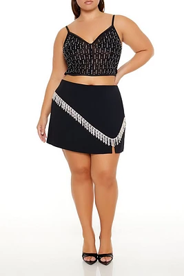 Plus Rhinestone-Fringe Mini Skirt