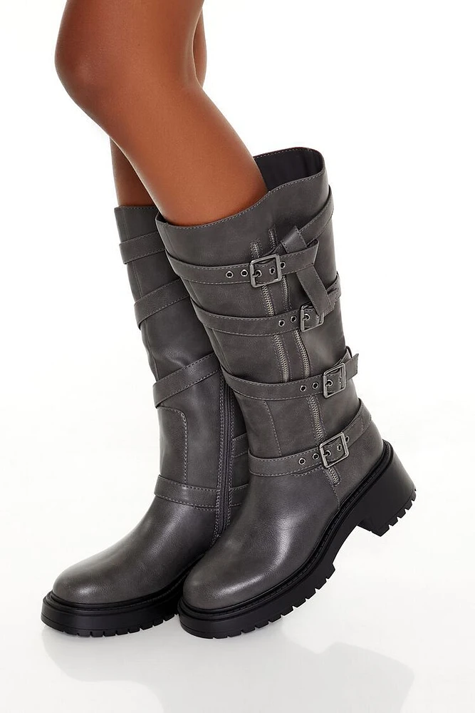 Strappy Faux Leather Lug-Sole Boots