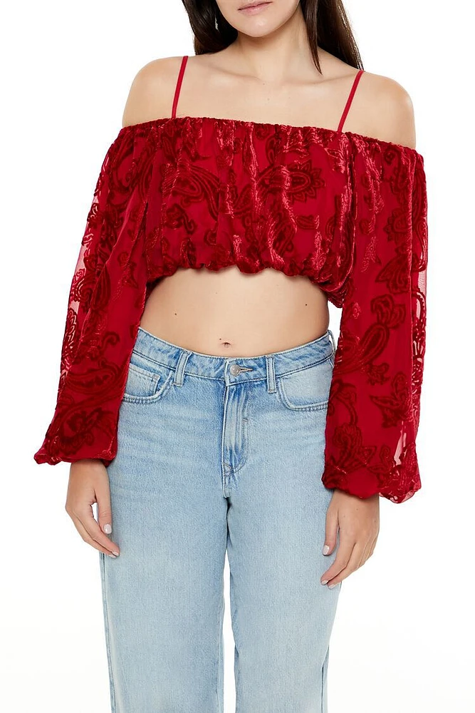 Paisley Open-Shoulder Crop Top