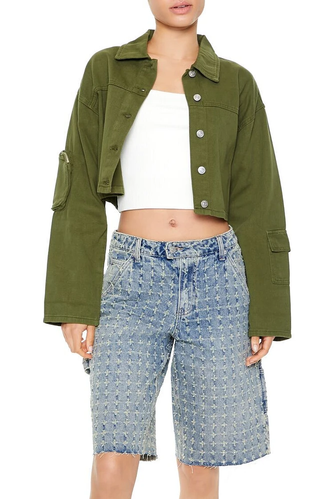 Cropped Twill Cargo Shacket