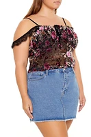 Plus Eyelash Lace-Trim Floral Crop Top