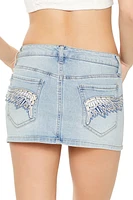 Denim Embroidered Wing Mini Skirt