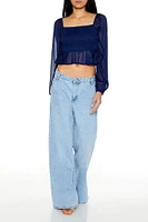 Metallic Peasant-Sleeve Crop Top