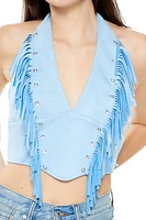 Faux Suede Fringe Halter Crop Top