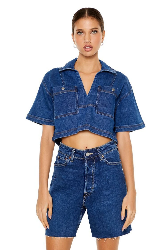 Oversized Split-Neck Denim Top