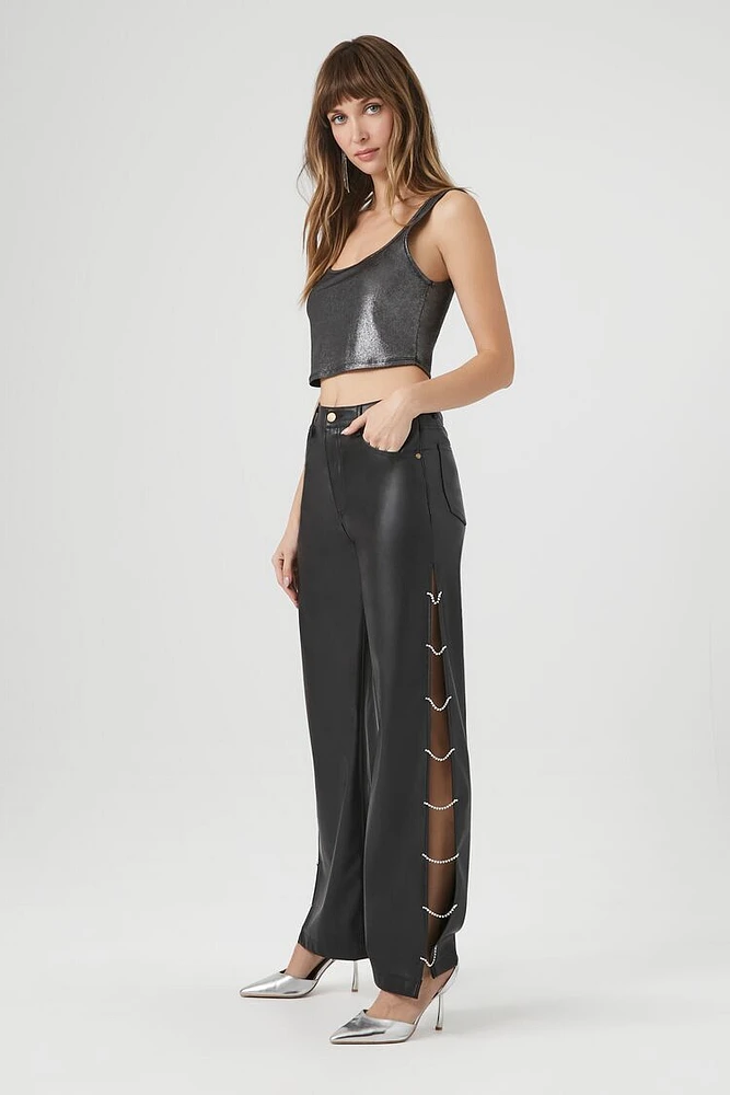 Faux Leather Rhinestone Chain Pants