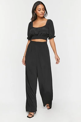 Puff-Sleeve Crop Top & Wide-Leg Pants Set