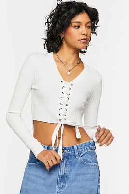 Lace-Up Long-Sleeve Sweater-Knit Crop Top