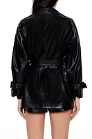 Notched Faux Leather Trench Coat