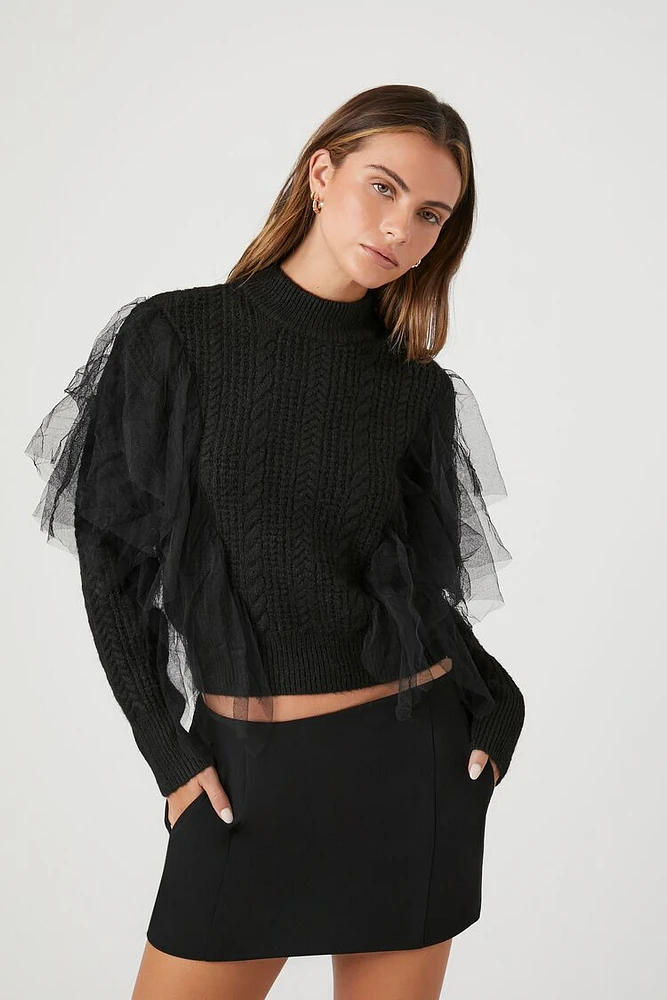 Mesh Ruffle Mock Neck Sweater