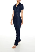 Zip-Up Denim Short-Sleeve Jumpsuit