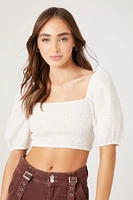 Smocked Floral Eyelet Crop Top