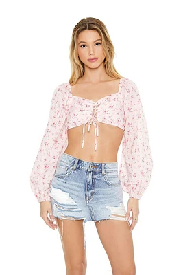 Floral Print Lace-Up Crop Top