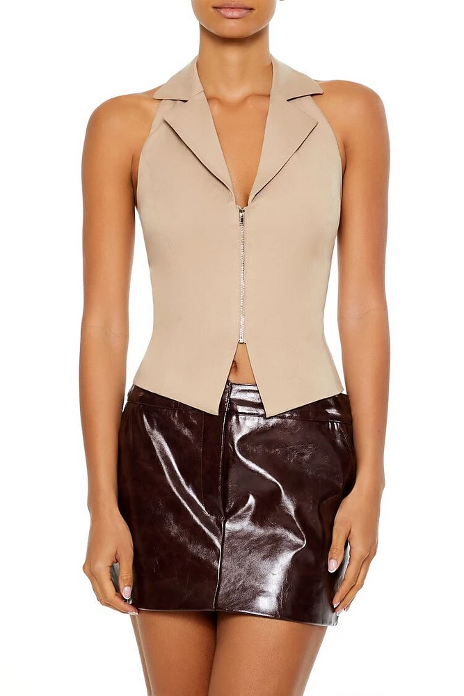 Notched Zip-Up Halter Crop Top