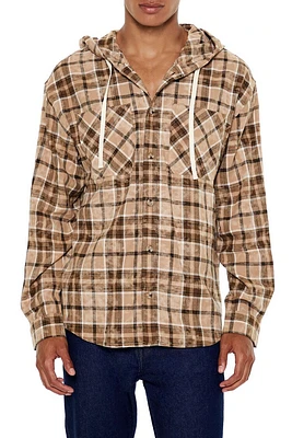 Hooded Plaid Curved-Hem Shacket