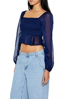 Metallic Peasant-Sleeve Crop Top