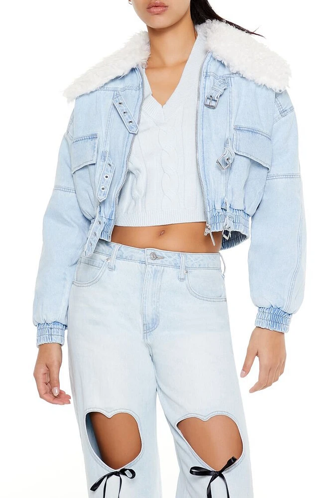 Faux Shearling Denim Bomber Jacket