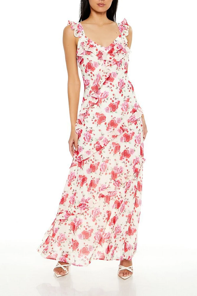 Chiffon Ruffle Rose Maxi Dress