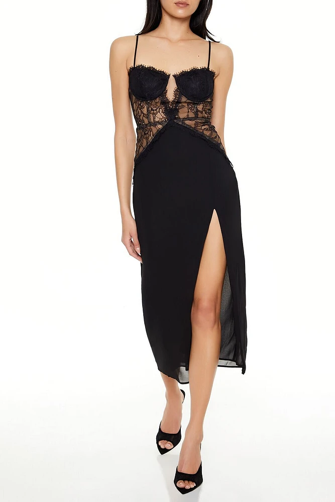 Eyelash Lace Satin Midi Dress