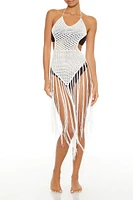 Crochet Tie-Back Fringe Swim Cover-Up Midi Dress