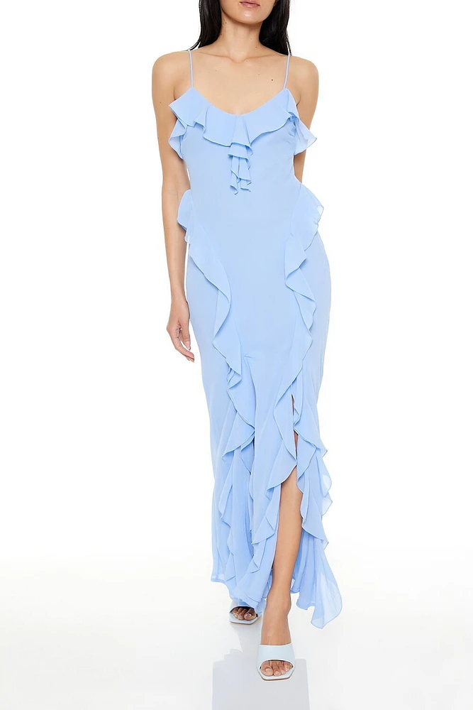 Chiffon Ruffle M-Slit Maxi Dress