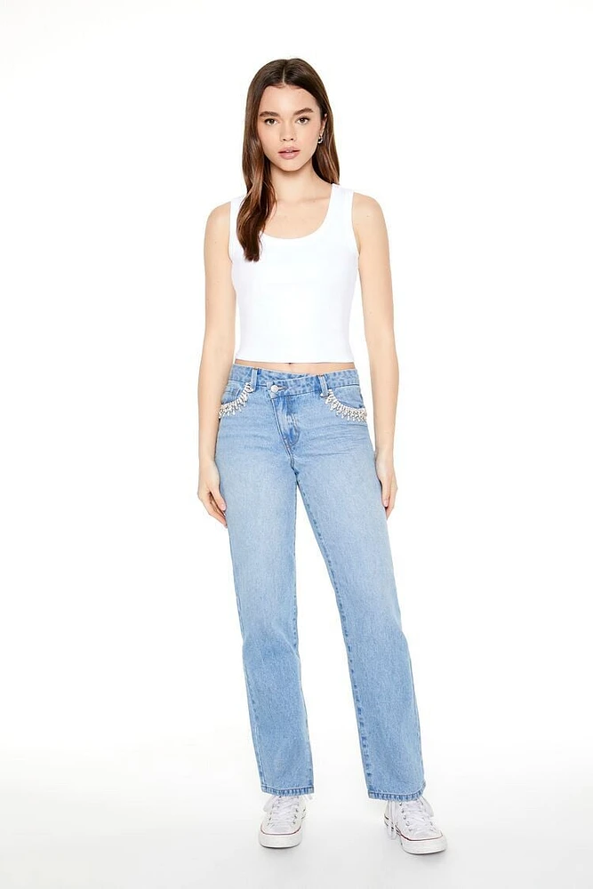 Rhinestone-Trim Straight Jeans