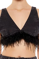 Feather-Trim Denim Bralette