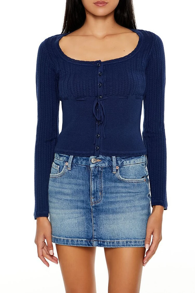 Tie-Front Pointelle Knit Sweater