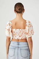 Satin Floral Puff-Sleeve Crop Top