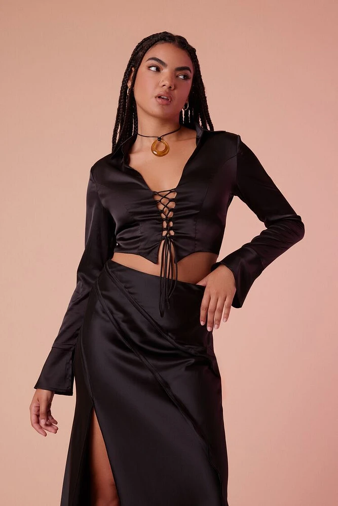 Satin Lace-Up Crop Top