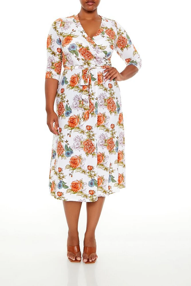 Plus Floral Wrap Midi Dress