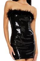 Faux Feather-Trim Sequin Tube Dress