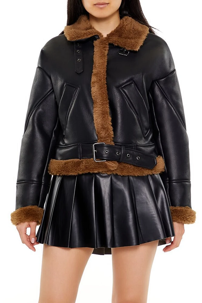 Faux Shearling-Trim Aviator Jacket