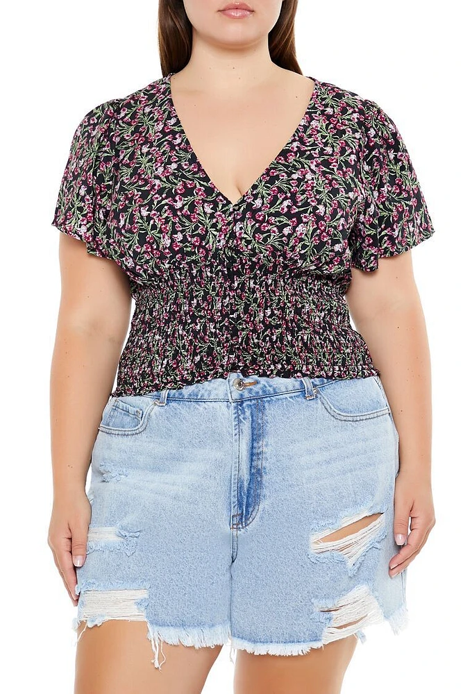 Plus Smocked Floral Print Top