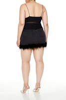 Plus Faux Feather Denim Mini Skirt