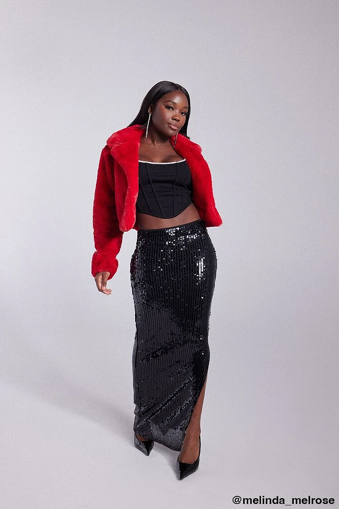 Sequin Leg-Slit Maxi Skirt