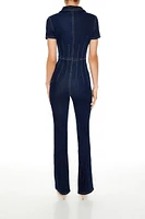 Zip-Up Denim Short-Sleeve Jumpsuit